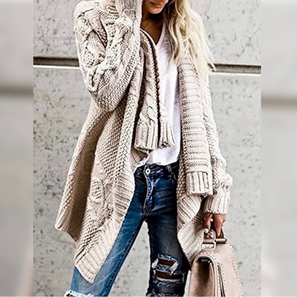 Oatmeal Chunky Cable Wrap Draped Cardigan Sweater NWT - Picture 3 of 11
